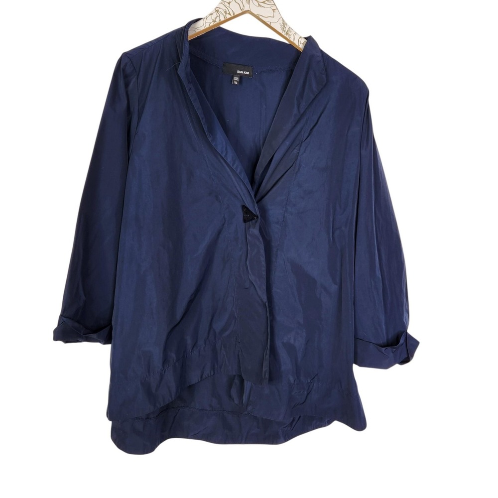 SUN KIM Jacket Top Womens XL Blue Microfiber Button Front Lightweight USA Travel